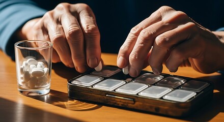 Elderly hands sorting white pills into organizer sorting pills