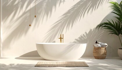 Outdoor bathtub with palm shadows and warm lighting, a serene spa-like setting.