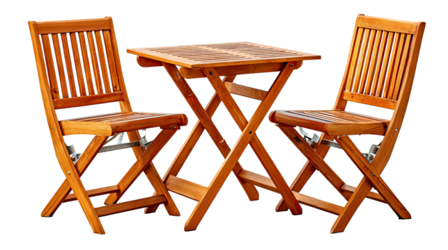 Wooden furniture set: Elegant wooden table with matching folding chairs. The image evokes a sense of rustic charm and functionality.