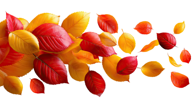 Autumnal Leaf Cascade: A vibrant dance of autumn leaves, swirling in shades of red, orange, and yellow, creates a dynamic and colorful display of the season's beauty. 