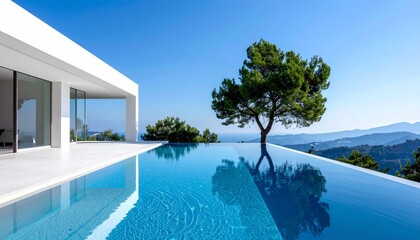 Luxurious modern villa with infinity pool overlooking scenic landscape on a bright day.