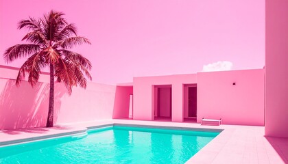 Fototapeta premium A pink-toned architectural scene featuring a swimming pool, building, and palm tree under a bright sky.