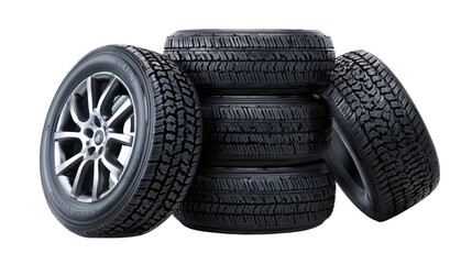 Stacked Tire: The intricate tread patterns of tires are prominently displayed, showcasing the robust grip and engineering behind these essential automotive components, each one promising a journey.