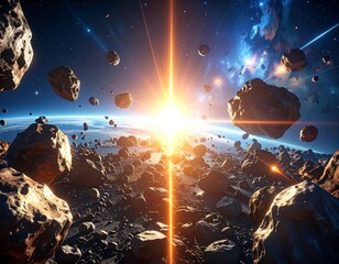 Celestial sunrise through asteroid field