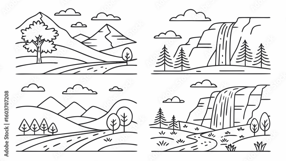 Poster four landscape scenes with mountains trees waterfalls and clouds in a simple line drawing style desi