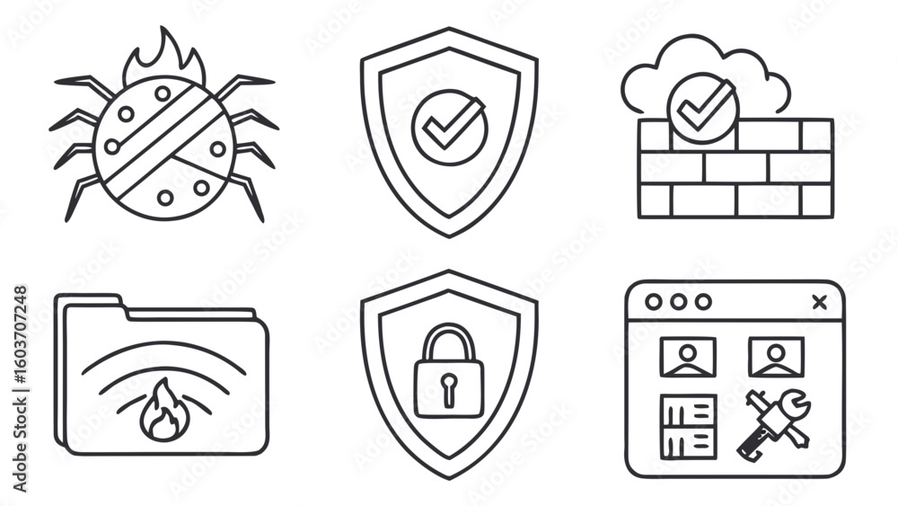 Poster collection of security icons featuring a bug on fire, shields, firewall, folder and a browser window