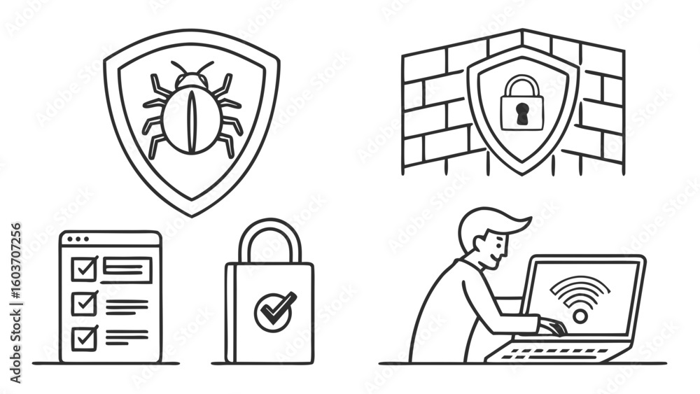 Poster illustration depicting cybersecurity elements including a bug shield a firewall a checklist and a se
