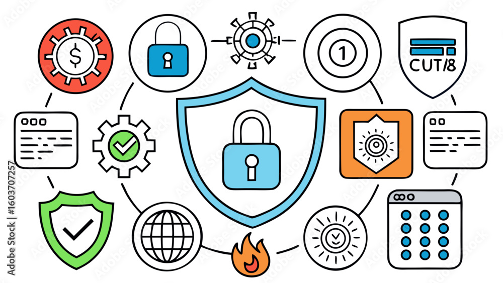 Poster illustration depicting cybersecurity with a central shield surrounded by various security related ic