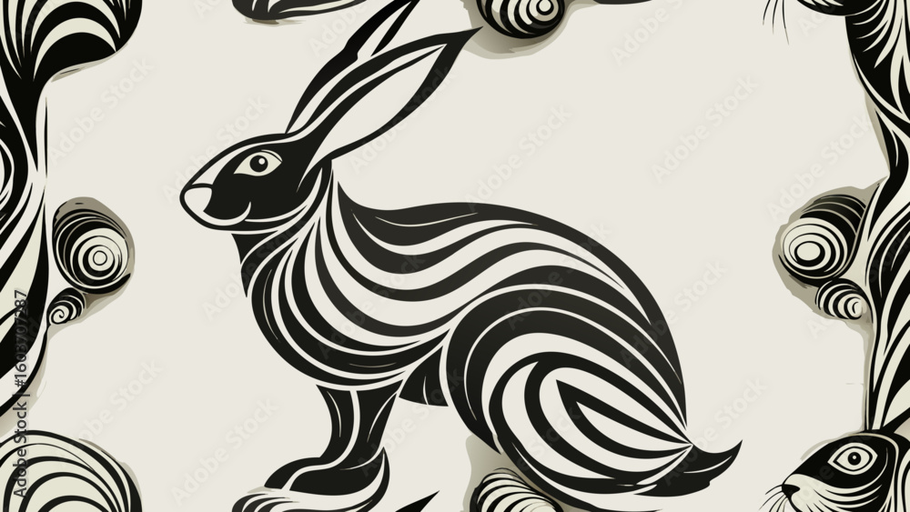 Poster illustration of a black and white stylized rabbit with swirling patterns and decorative elements aro