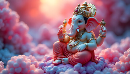 lord, of, ganesha, for, ganesh, jayanti, new, 3d, modern, pink, clouds, art, design, india, elefant, copy space, hindu, god, statue, sculpture, temple, religion, symbol, decoration, ganpati, chaturthi