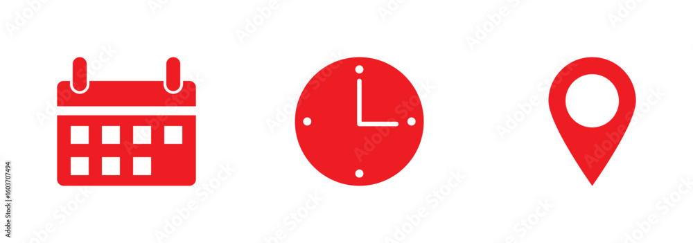 Poster address time date icons set. address location icon. stopwatch timer icon. date calendar icon. black 