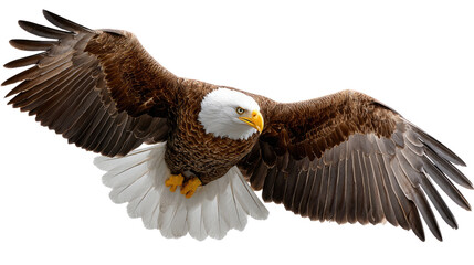 Obraz premium Majestic Soaring Eagle: A majestic bald eagle soars gracefully through the sky, wings fully extended in a display of freedom and power. Witnessing the strength and symbol of the freedom