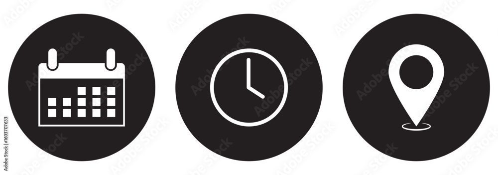 Poster address time date icons set. address location icon. stopwatch timer icon. date calendar icon. black 