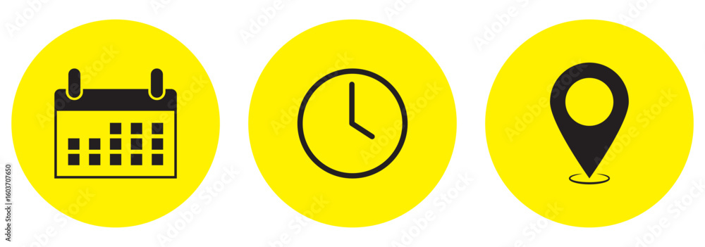 Poster address time date icons set. address location icon. stopwatch timer icon. date calendar icon. black 