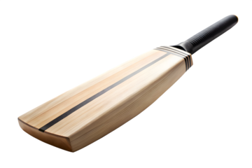 A classic wooden cricket bat with a black grip and a distinctive black stripe on its hitting surface isolated on a clean transparent background angled for display