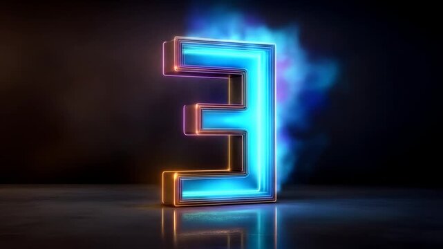 Neon number three on dark background