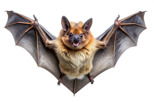 A fluffy brown and orange bat with wide dark wings is captured in a frontal view against a transparent background its mouth slightly open in a curious expression