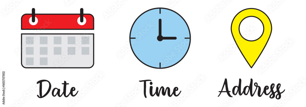 Poster time, date and address icon set. calendar, clock, location. editable stroke. linear vector outline i