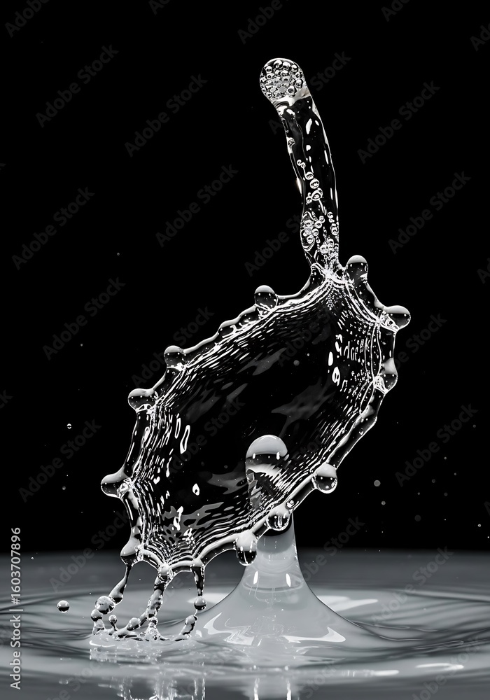 Poster captivating water droplet collision displaying intricate details on a black backdrop