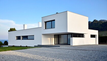Modern white house with clean lines, situated on a hillside overlooking a body of water.