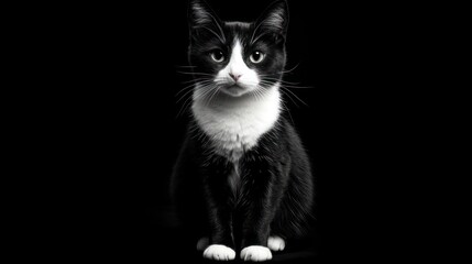Striking black and white tuxedo cat poses against a deep black background