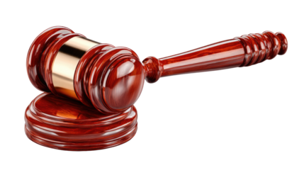 Gavel's Authority: A meticulously crafted wooden gavel rests on its matching sound block, symbolizing authority, justice, and the legal process. Evoking the essence of order, decisions and power.