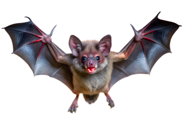 A bat with its mouth open and teeth visible looking directly at the camera with large ears and outstretched wings isolated on transparent background