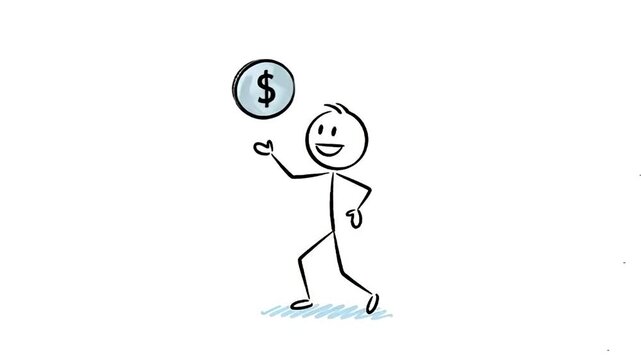 Stick Figure Tossing a Coin Animation:  Financial Decision Making Concept