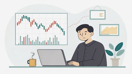 investor opportunity stocks successful goals concept. Person working on a laptop with financial charts in the background.
