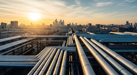 Moscow Skyline: Industrial Pipelines at Sunset
