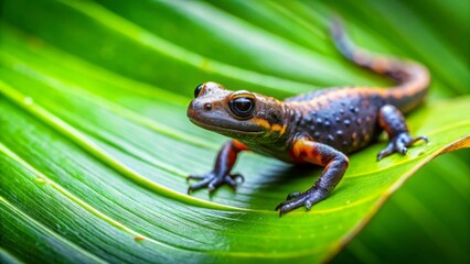 Fototapeta premium A Vibrant Amphibian Perched on a Lush Green Leaf, Showcasing its Striking Colors and Intricate Details in a Close-Up Shot
