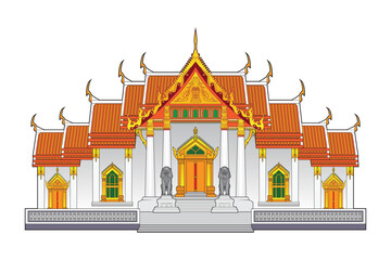 Bangkok Thailand symbol with famous beautiful marble temple Wat Benchamabophit Dusitvanaram drawing in colorful Illustration vector