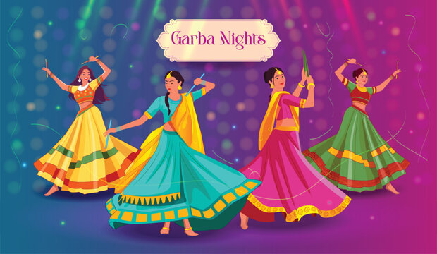 Vector illustration of beautiful Indian girls in traditional dress dancing on purple background. Navratri Festival Dance, Garba, Dandiya.
