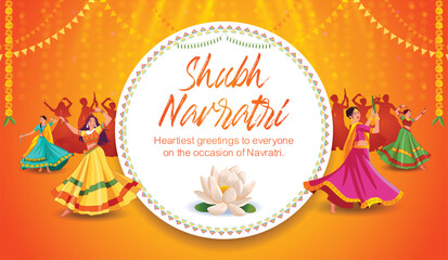 Naklejka premium Vector illustration of beautiful Indian girls in traditional dress dancing on purple background. Navratri Festival Dance, Garba, Dandiya. 