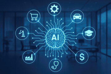 Artificial intelligence network connecting industry icons technology innovation