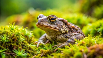 Obraz premium Close-up view of a common toad perched on vibrant green moss, showcasing its detailed texture and striking golden eyes in a natural habitat