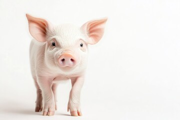 Adorable young piglet with pink ears and snout on white background