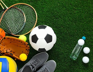 Various sports equipment on grass