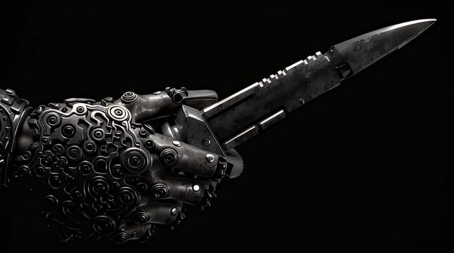 Close up Of Ornate Metal Gloves Holding A Dagger Against Dark Background
