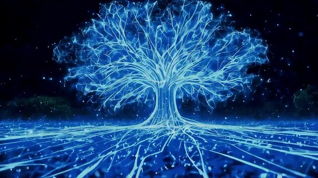 Glowing tree roots growing in dark space
