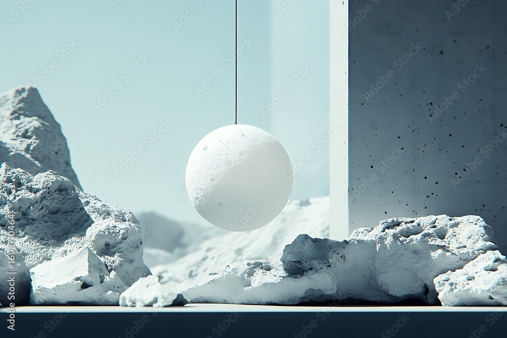 Poster minimalist abstract composition featuring a sphere against a textured backdrop evokes lunar themes