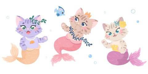 Set of princess mermaid cats. Cute underwater characters. Fairytale kawaii kittens mermaid. Fantasy vector illustration