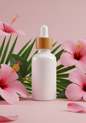 Pink cosmetic bottle surrounded by hibiscus flowers and palm leaves