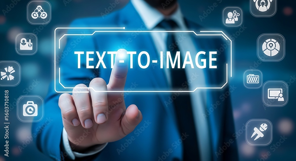 Poster man touching digital screen text to image finger