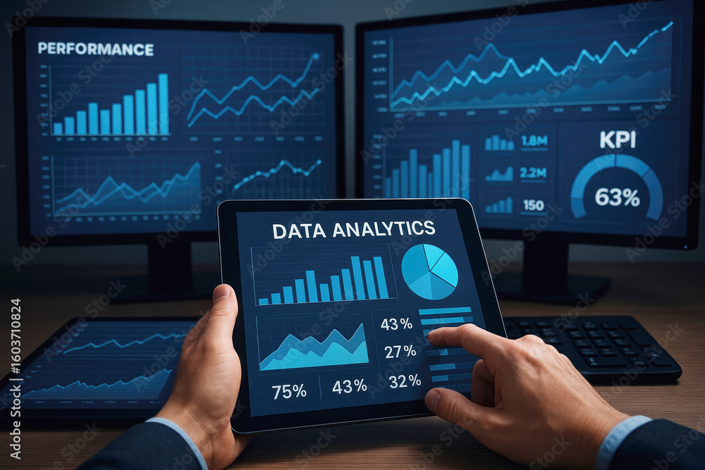 Poster digital business data analysis graphs on screens and tablet analytics charts