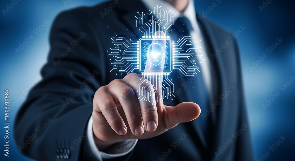 Poster man touching digital artificial intelligence technology