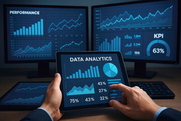 Digital business data analysis graphs on screens and tablet analytics charts