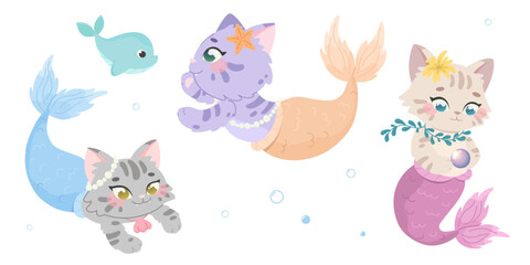 Set of beautiful mermaid cats. Fantastic sea characters. Kawaii mermaid kittens. Fairytale vector illustration