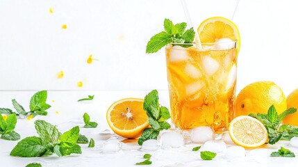 Fototapeta premium Refreshing iced tea with lemon and mint.