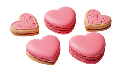 A collection of heart shaped cookies and macarons on a black background display   ai generative, transparent background, white background.